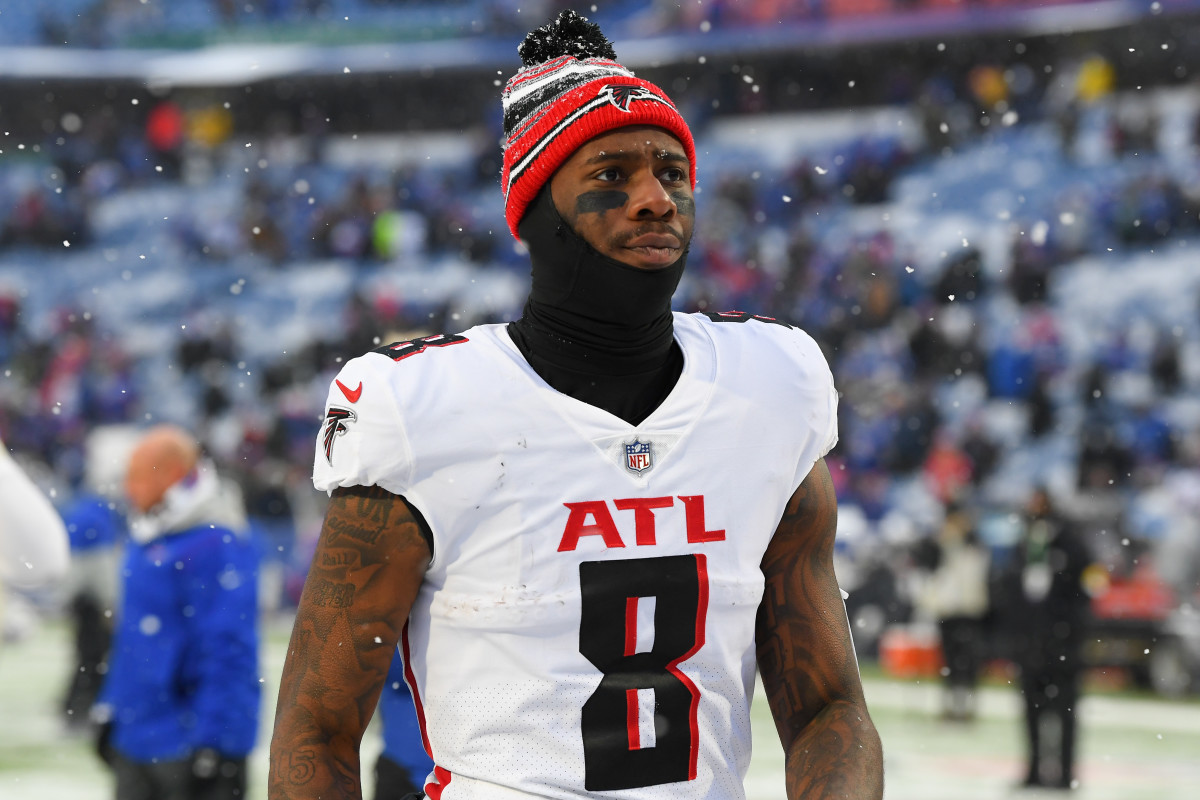 Kyle Pitts and the Falcons will wear their white uniform tops in Week 3. (Rich Barnes/USA Today)